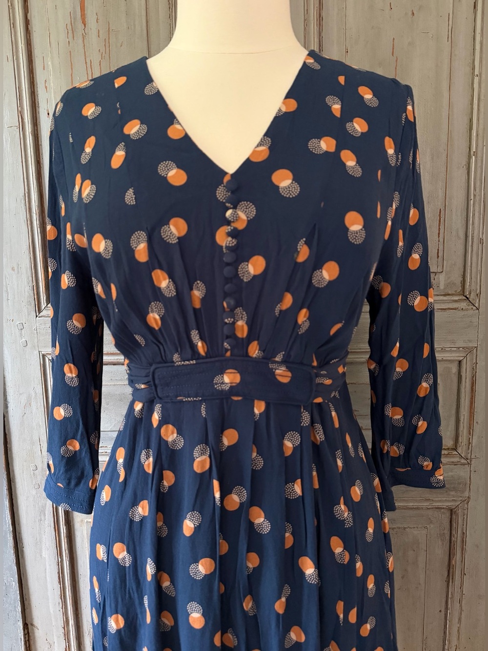Boden Navy Polka Dot V-Neck Belted Dress size 10